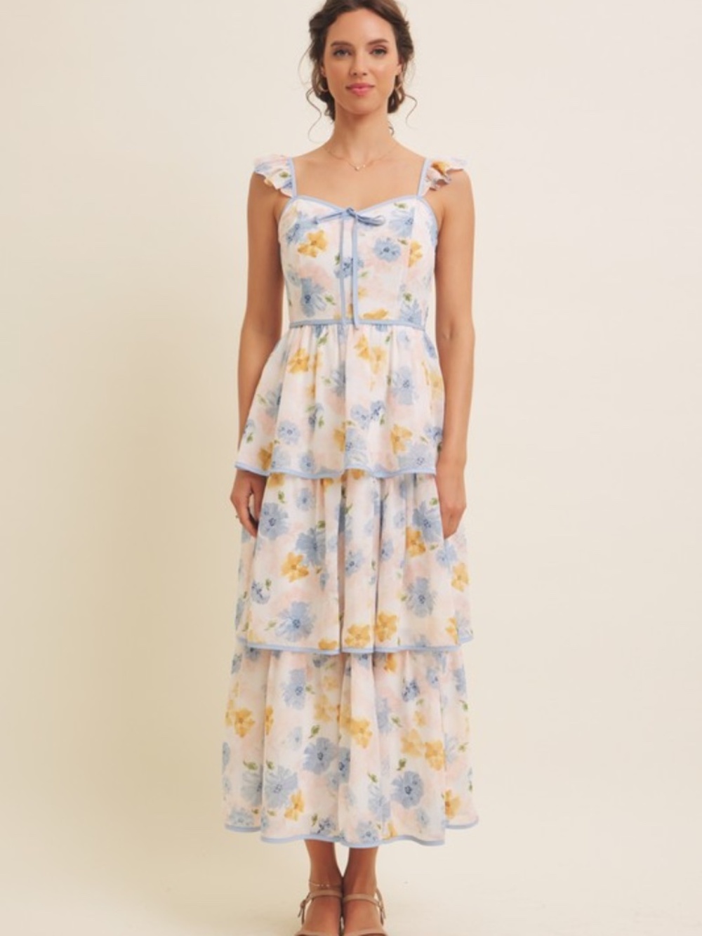 Floral Midi Dress With Ruffled Straps